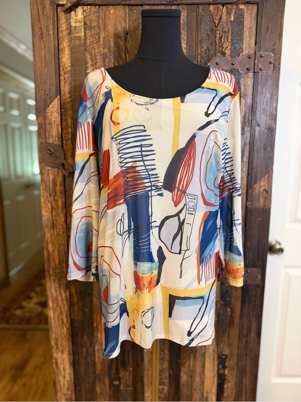 Peck & Peck Abstract Art Print Tunic Top L Stretch 3/4 Sleeve lagen look boho